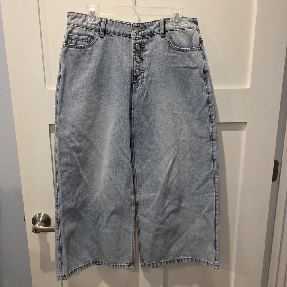 Zara Midi Jean Skirt Women’s 6 Light Wash Denim Slit Front & Back Buttonfly Y2K